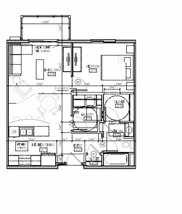 Floor plan for 1 bed, 1 bath, 665 sqft